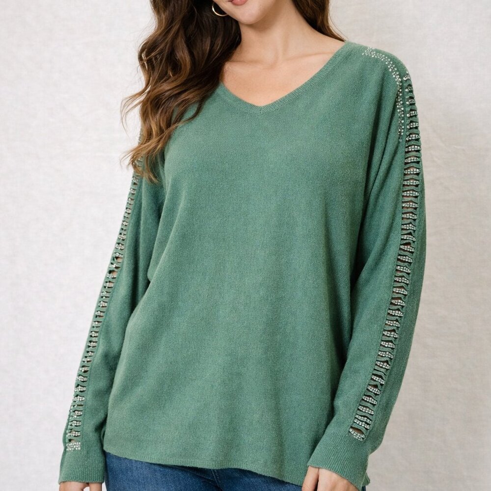 *NWT* Cactus + Pearl‎ Green Bling Sleeve Sweater Sz. M Cracker Barrel Exclusive